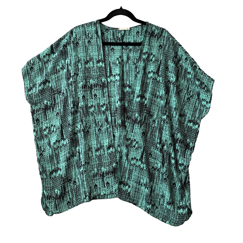 Soprano Kimono Cardigan M Green Ikat Tribal Geometric Open Front Cover Up Boho